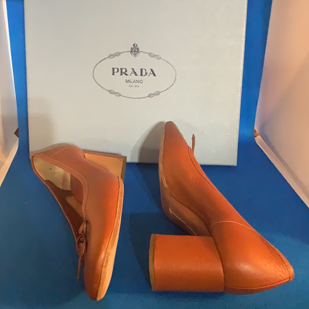 🔥PRADA Brown Leather heels  Women’s shoes 38 1/2 - Picture 5 of 8